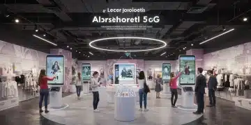 Futuristic retail store showcasing 5G-powered augmented reality shopping experiences
