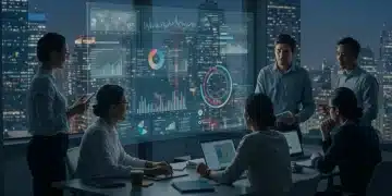 Team analyzing growth data on a dashboard, representing agile experimentation frameworks in a US company.