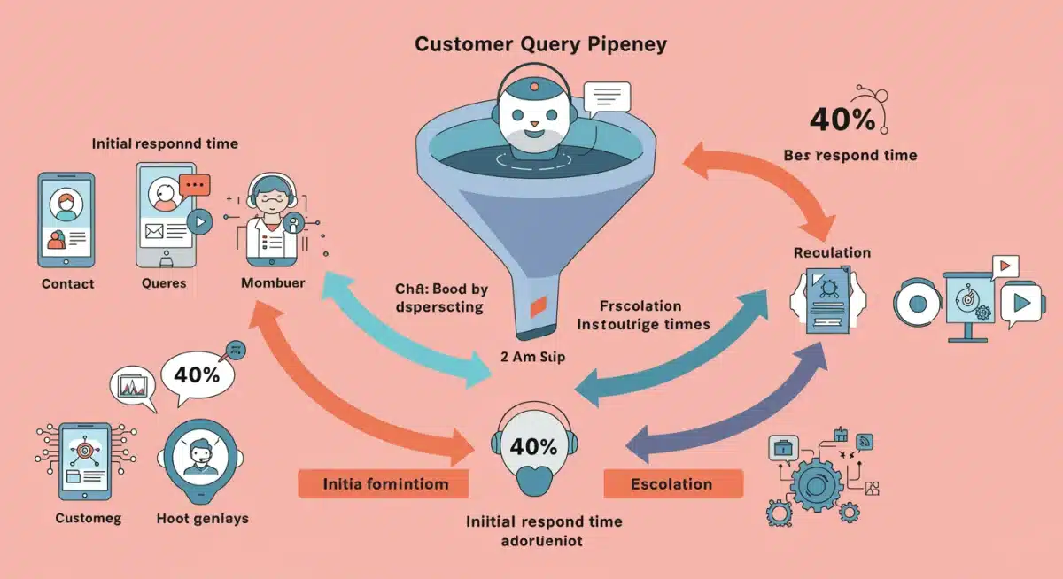 Infographic illustrating chatbot-driven customer service query resolution process with a 40% response time reduction.