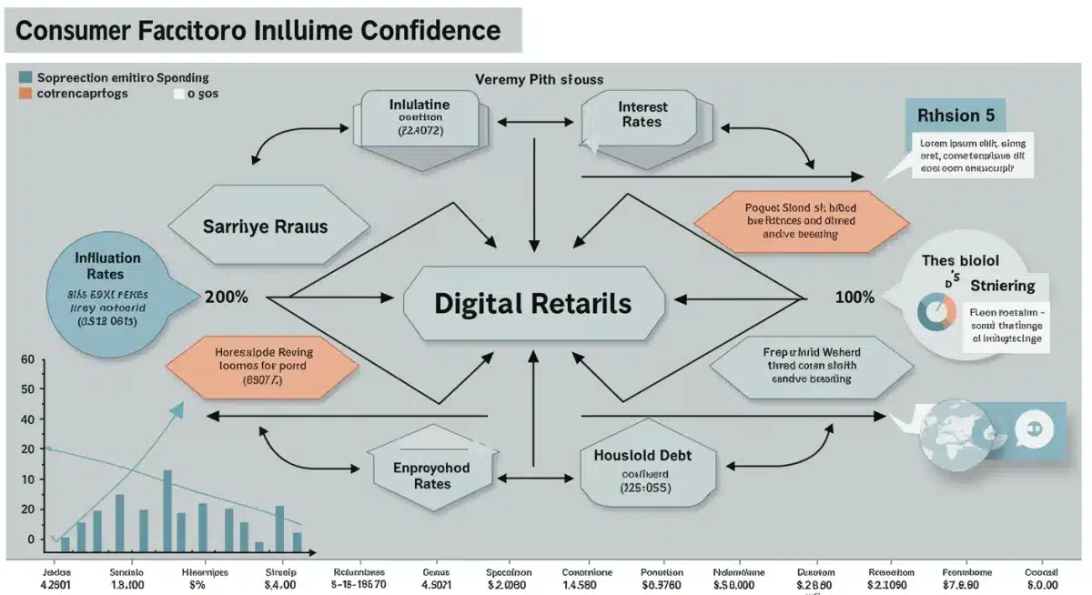 Infographic showing interconnected factors influencing consumer confidence and their impact on digital retail spending