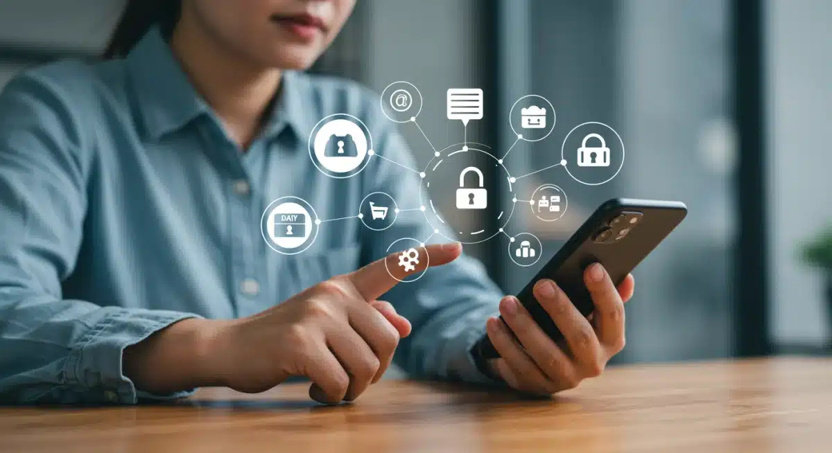 Consumer reviewing privacy settings on a smartphone, emphasizing control.