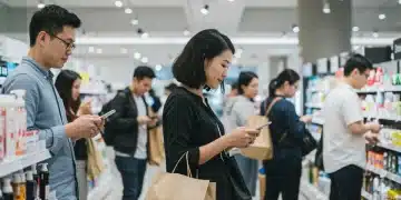 Consumers evaluating products in a modern retail setting, symbolizing shifts in brand loyalty.