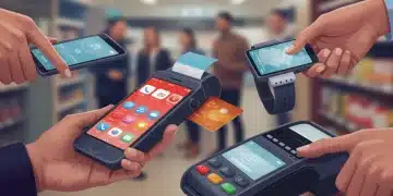 Illustration of diverse contactless payment methods at a fast retail checkout.