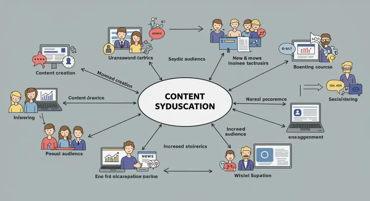 Infographic showing content syndication workflow and audience expansion