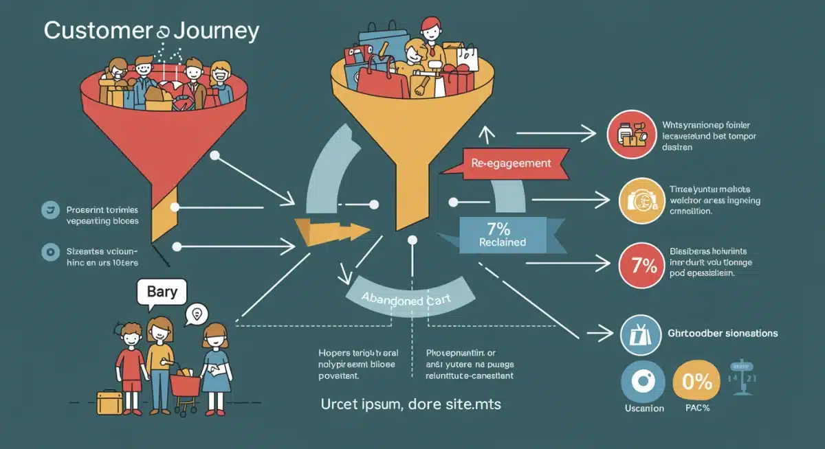 Infographic illustrating the e-commerce customer journey, emphasizing abandoned cart recovery and re-engagement strategies.