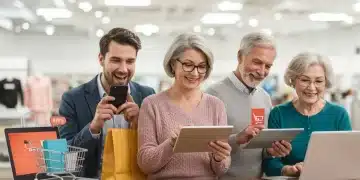 Diverse generations shopping online on various devices, representing inclusivity in digital retail.