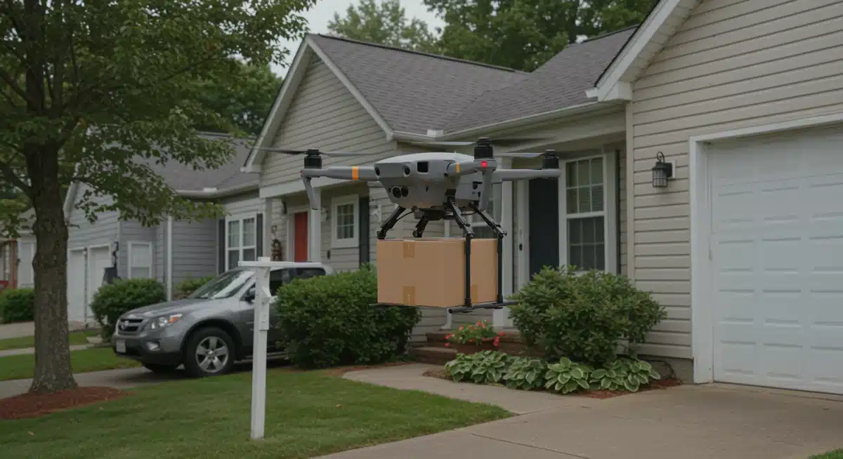 Drone delivering a package to a house, symbolizing last-mile delivery innovation