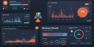 Digital dashboard showing e-commerce revenue growth and customer segmentation data