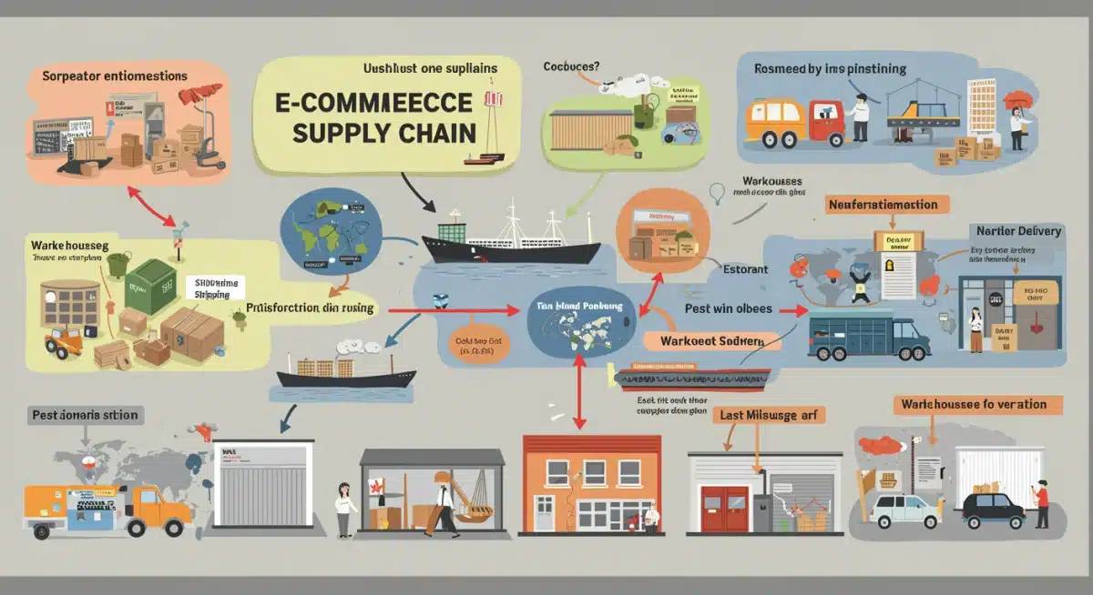 E-commerce supply chain infographic with disruption points