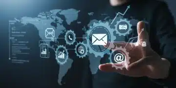 Email marketing automation dashboard with rising metrics over a U.S. map.