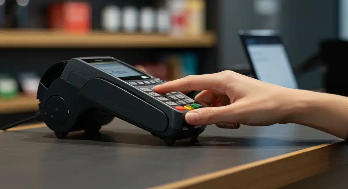 Customer using fingerprint scan at retail checkout for payment