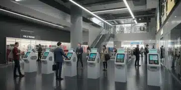 Futuristic retail store with biometric payment and secure entry points
