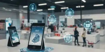 Futuristic retail store with edge computing devices processing data locally, enhancing customer experience.