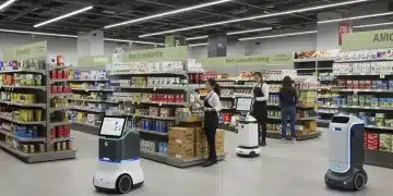 Futuristic retail store with autonomous robots assisting customers and managing inventory.