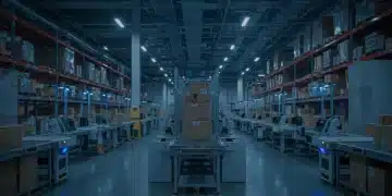 Automated robots in a futuristic warehouse sorting packages for e-commerce logistics