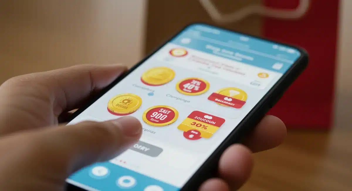 Smartphone app showing gamified shopping experience with virtual coins and discount rewards.