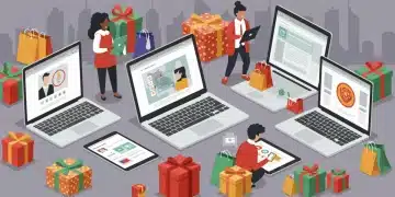 People shopping online for holiday gifts with festive decorations