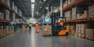 IoT devices optimizing retail supply chain logistics in a modern warehouse, showing data analytics dashboards.