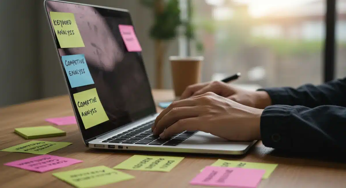 Person performing keyword research and content planning for SEO.