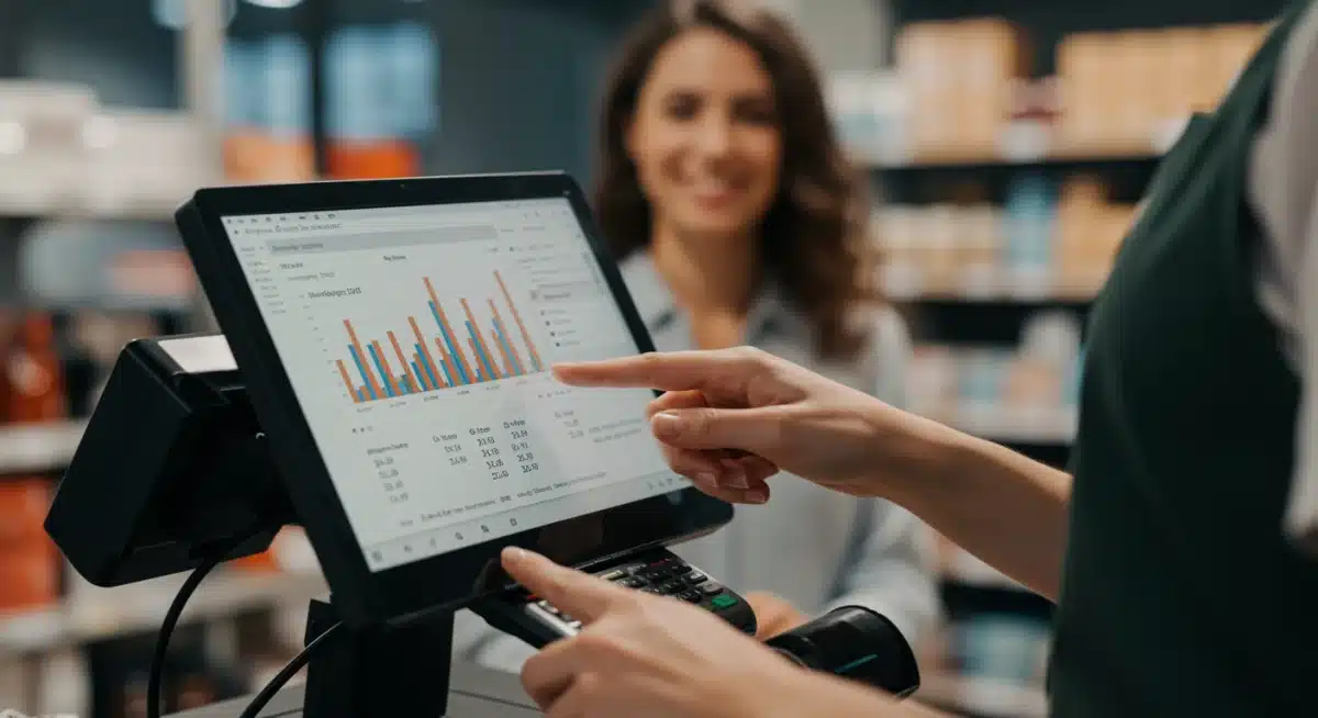 Retail employee using a modern touchscreen POS system for efficient transaction processing.