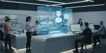 Holographic chatbot interface assisting diverse customers in a modern retail setting, symbolizing efficient customer service automation.