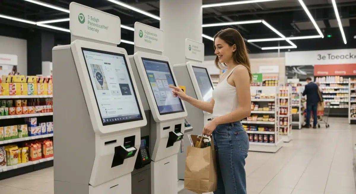 Customer utilizing a self-checkout kiosk in a modern store, highlighting convenience