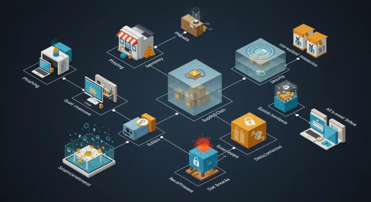 Infographic illustrating multi-layered cybersecurity defense against retail tech threats