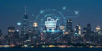 Dynamic digital shopping cart with data lines, symbolizing effective retargeting strategies for e-commerce in 2025.