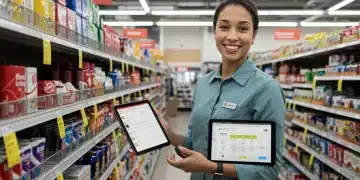 Retail manager using RFID scanner to check inventory in a modern US store