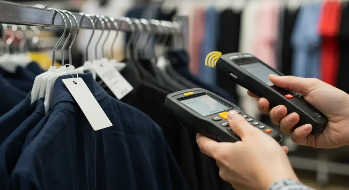 Retail associate scanning clothing item with RFID handheld reader for inventory accuracy