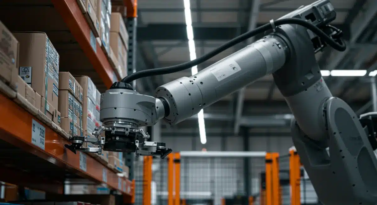 Robotic arm precisely restocking shelves in a retail backroom.