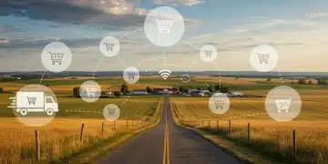 Digital overlay of e-commerce symbols on a scenic U.S. rural landscape