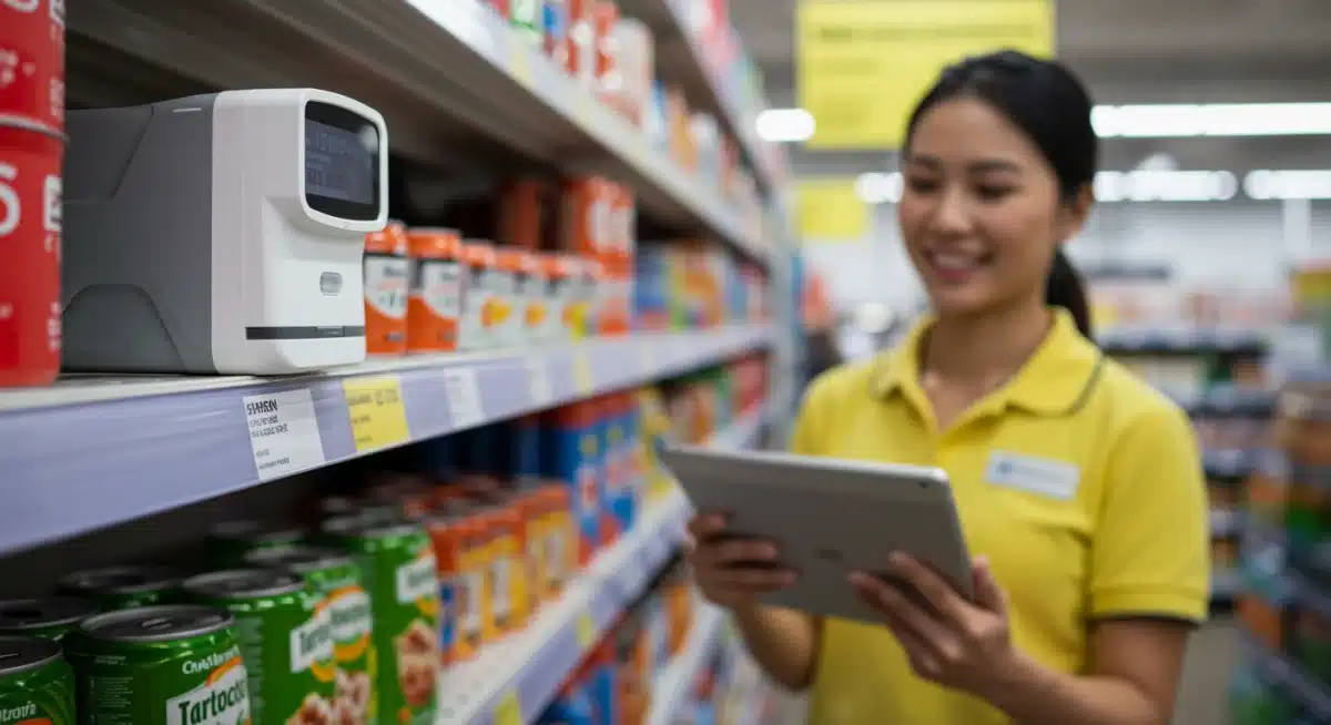 Retail associate using a tablet to monitor smart shelf inventory data, preventing stockouts.