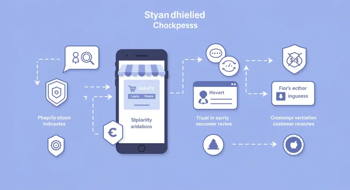 Streamlined checkout process diagram on a mobile screen, showing fewer steps and trust indicators.