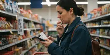 US consumer analyzing rising grocery prices due to inflationary pressures in early 2025.