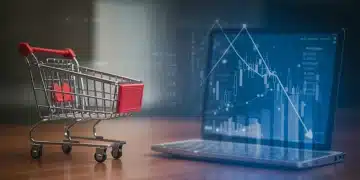 Illustration of US consumer spending trends and e-commerce adaptations amidst inflation, showing a 3% dip in discretionary spending for Q1 2025.