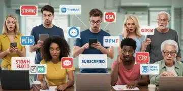 US consumers navigating subscription services on digital devices, balancing engagement and potential overwhelm in 2025.