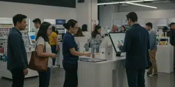 Diverse US consumers engaging with a brand's narrative in a modern retail environment