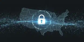 Digital lock over US map symbolizing data privacy in America.