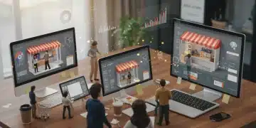 Diverse US shoppers engaging with e-commerce on multiple devices, data analytics overlays