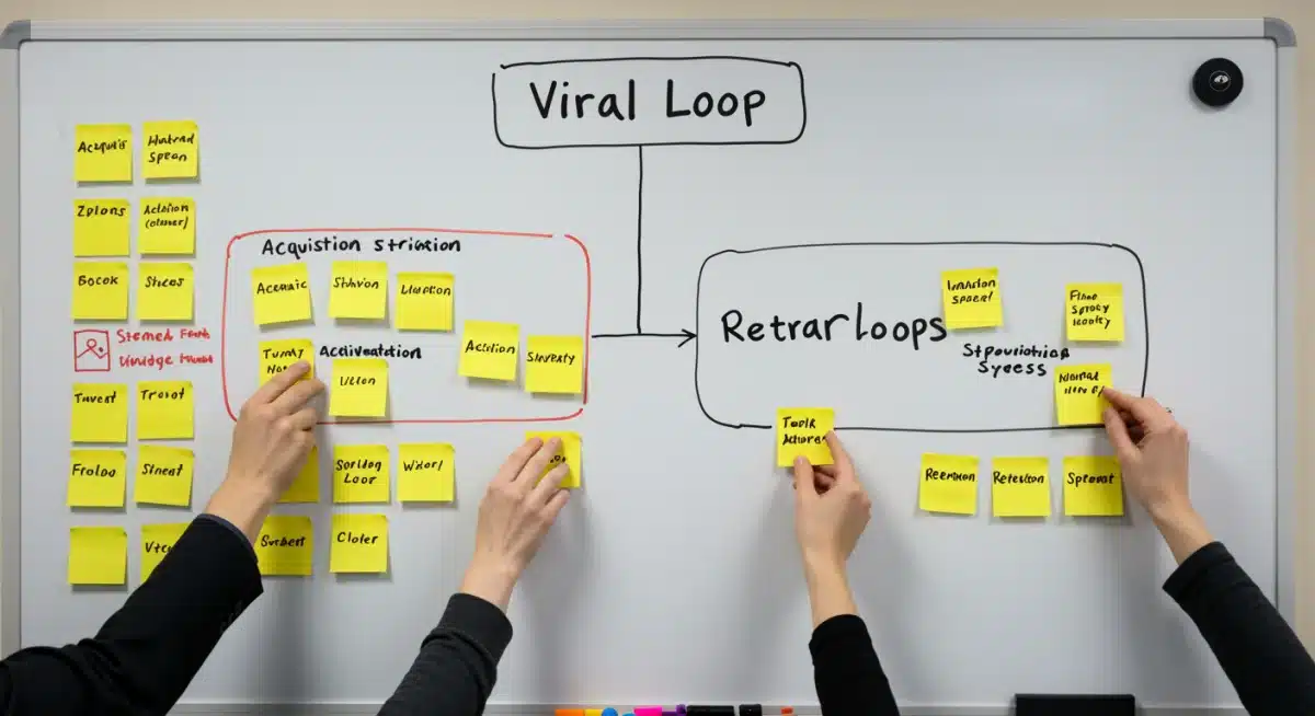Team collaborating on a whiteboard to design and optimize viral loop stages for user growth