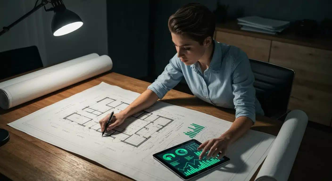 A marketing professional analyzing a market blueprint with a tablet displaying green data graphs, embodying data-driven growth hacking strategies.
