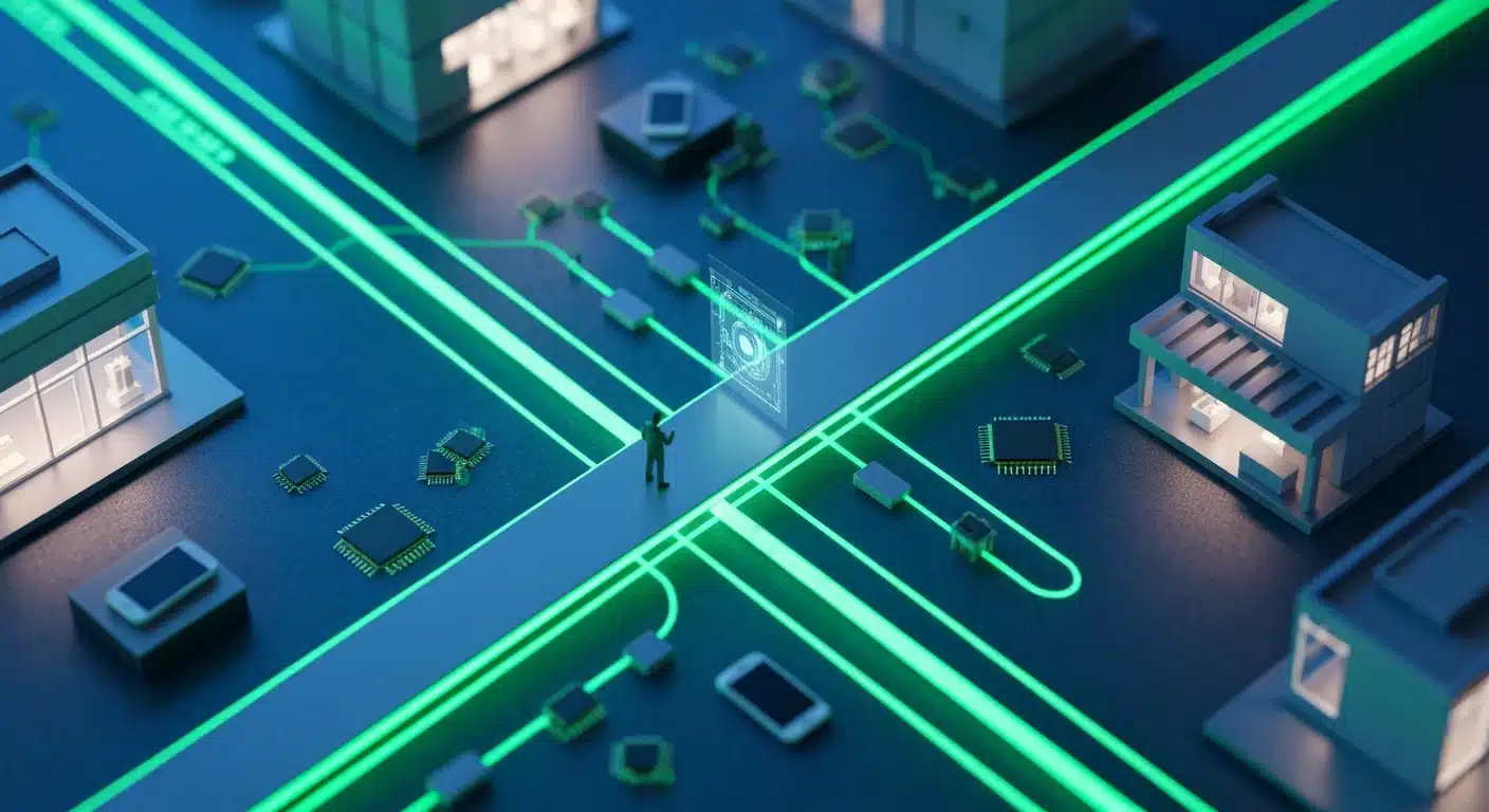Aerial view of a miniature cityscape with glowing green digital pathways connecting various retail points and mobile devices, representing complex consumer behavior and modern shopping journeys.