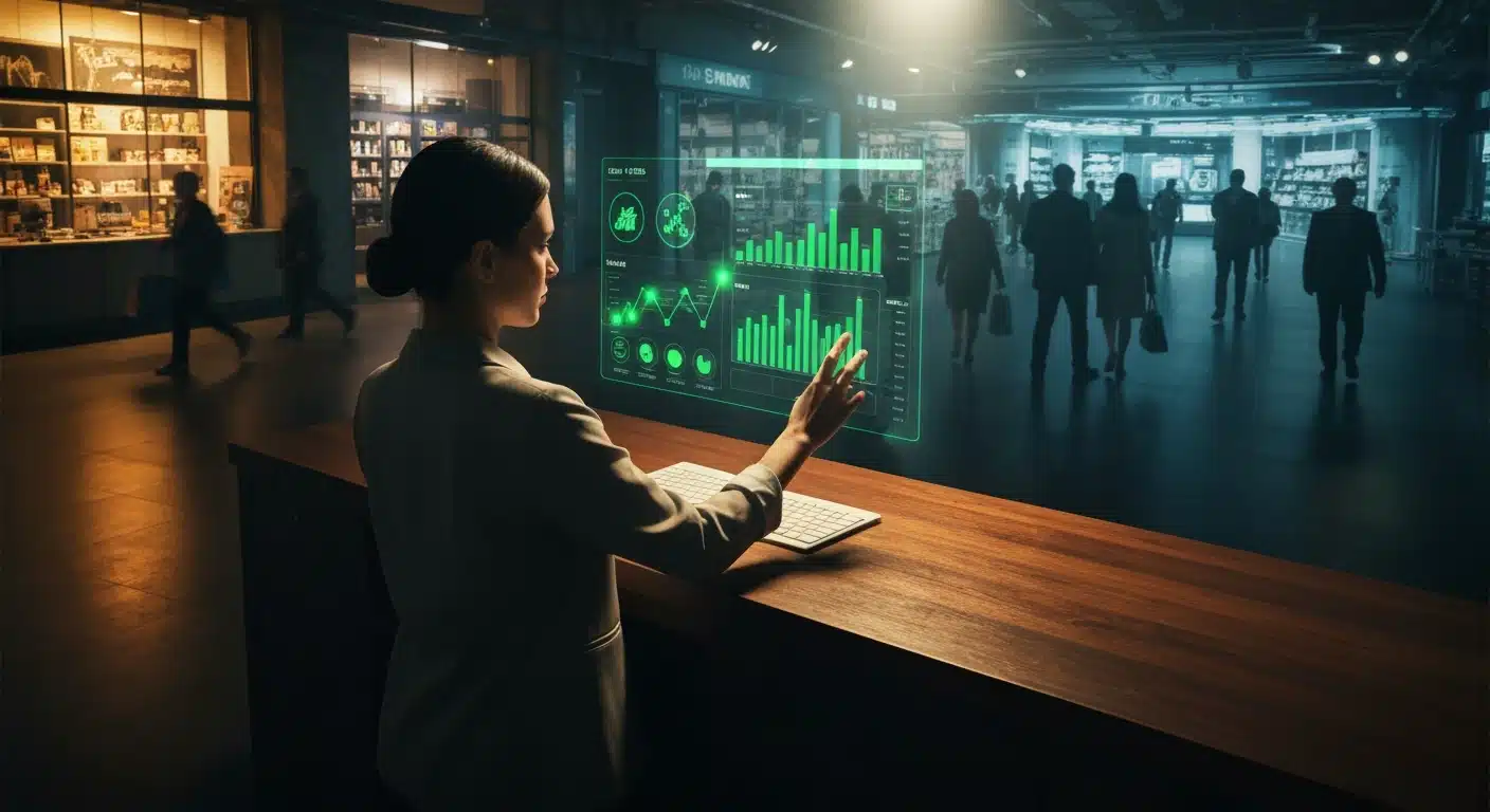 A focused e-commerce professional interacts with a holographic sales dashboard in a dynamic digital marketplace, illustrating online retail trends and growth.