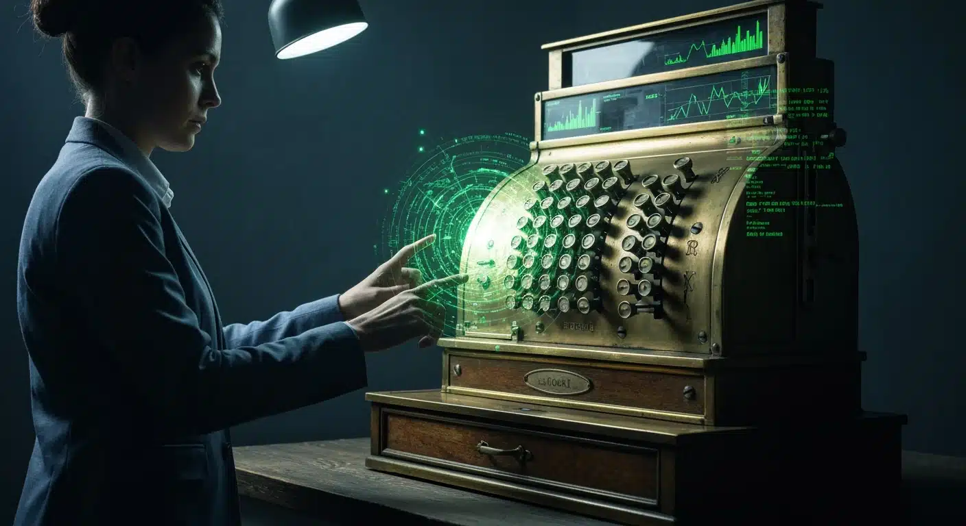 A retail professional engaging with a holographic display emerging from an antique cash register, symbolizing the evolution of retail technology and digital transformation.