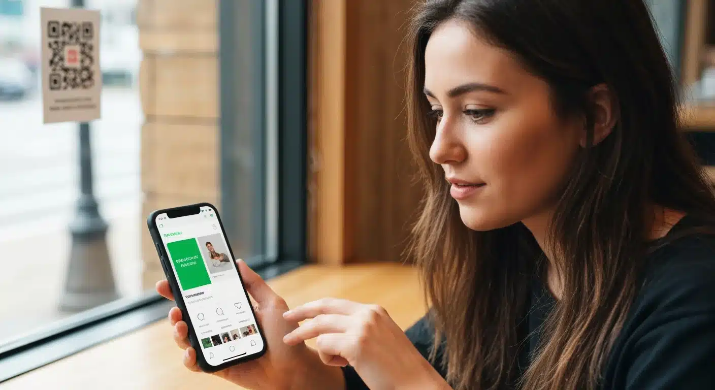 A woman engaging with a smartphone in a bright cafe, showcasing the interconnectedness of modern digital commerce touchpoints.