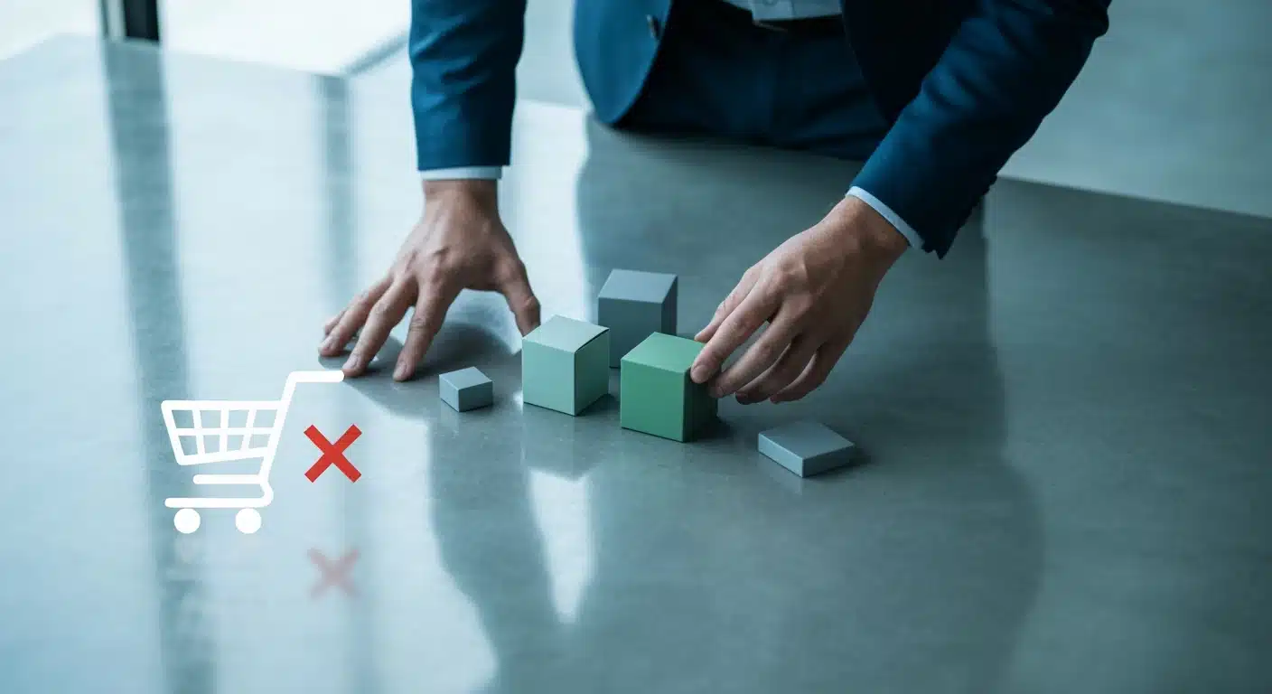 A person carefully considers minimalist product boxes on a polished concrete surface, symbolizing the complex decision-making of modern online shoppers and the impact of value beyond price on cart abandonment.