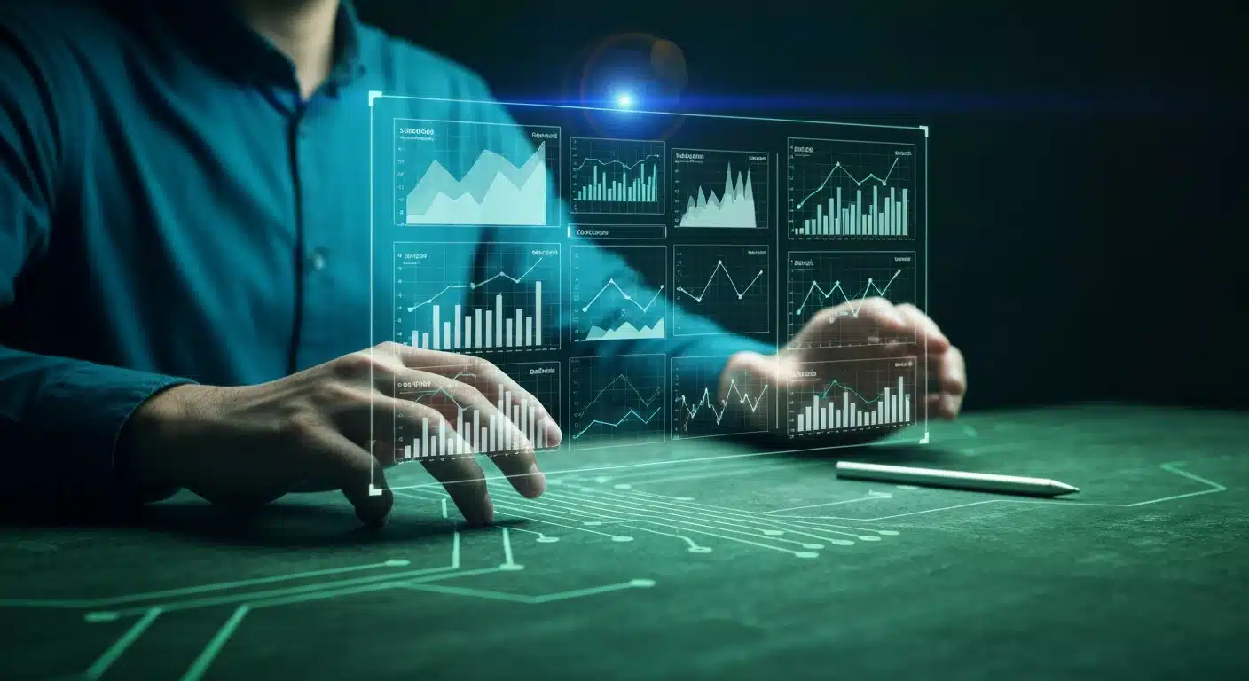 A person quickly interacting with a complex holographic e-commerce dashboard, showing rapidly changing market data and consumer insights, reflecting the fast pace of digital retail trends.