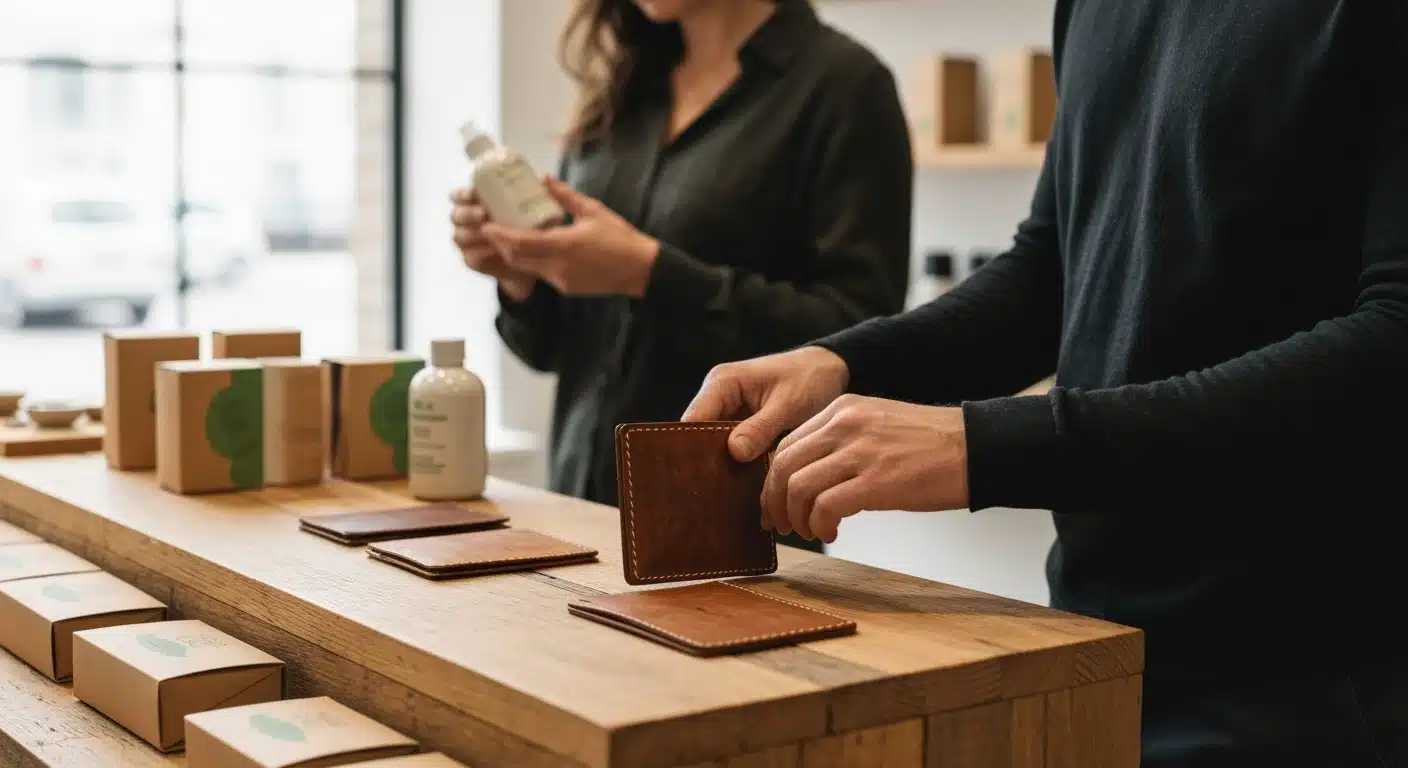 A person examining a sustainable leather wallet on a wooden counter, highlighting conscious consumption and ethical sourcing in online shopping trends.