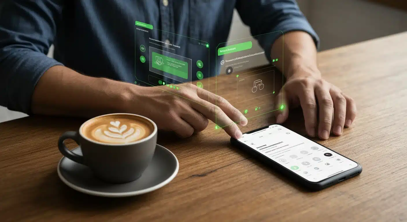 A person engaging with a personalized digital interface on a wooden counter, next to a coffee mug and smartphone, symbolizing tailored e-commerce experiences.
